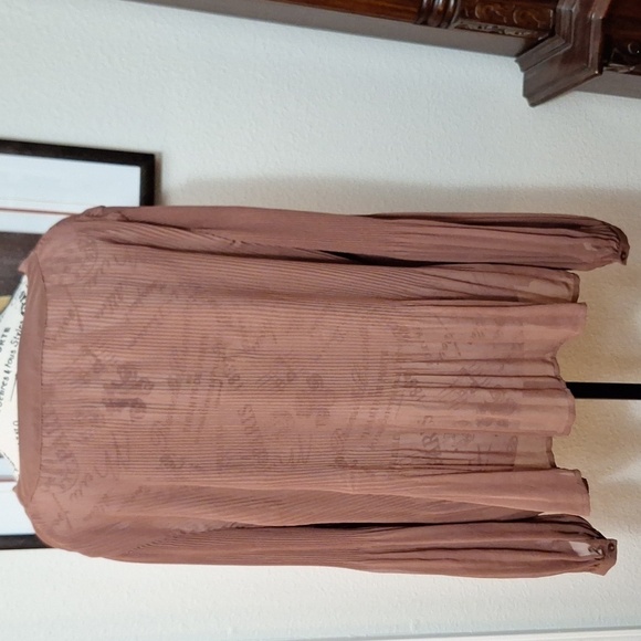 Express Pleated Dress Shirt Sz.L Brown Sheer Vneck Ballon Sleeves - Picture 10 of 14